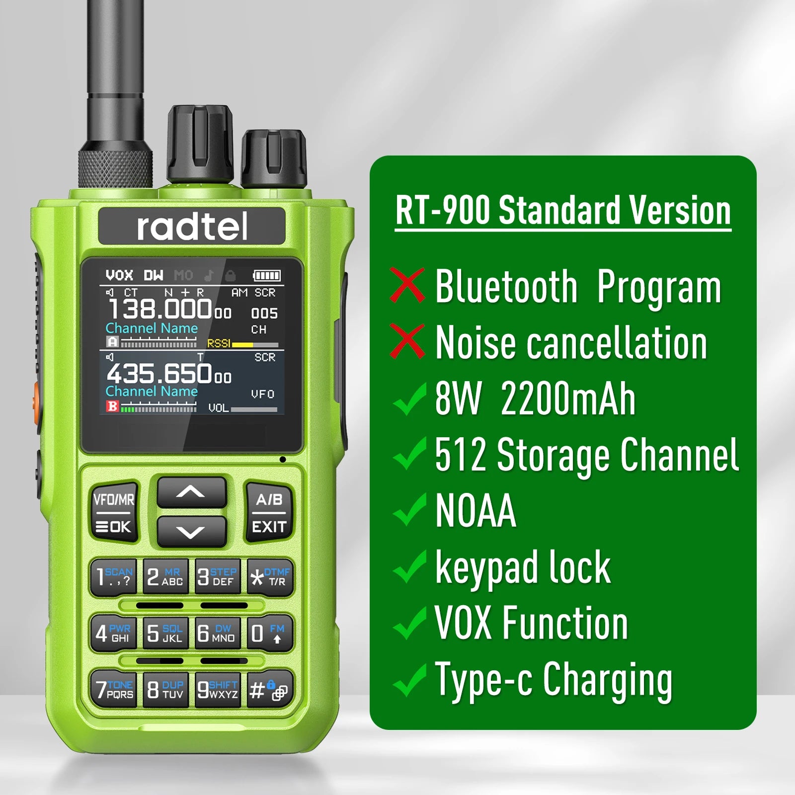 Radtel RT-900 Green  8W Full band Ham Radio Walkie Talkie 512CH Air Band Two Way Radio Station Aviation NOAA  Marine River PTT