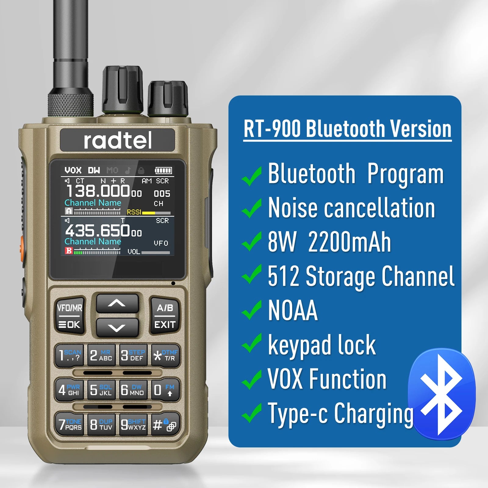 Radtel RT-900 Brown 8W Full band Ham Radio Walkie Talkie 512CH Air Band Two Way Radio Station Aviation NOAA  Marine River PTT