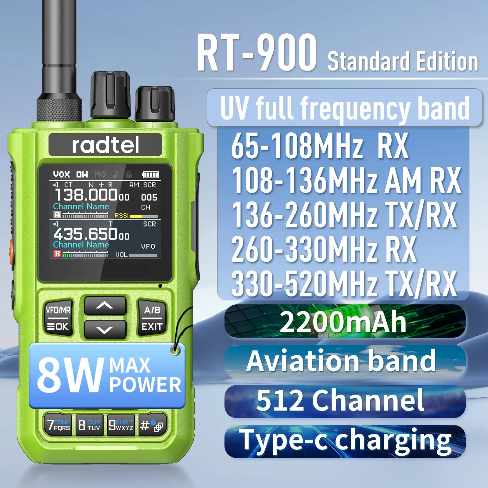 Radtel RT-900 Green  8W Full band Ham Radio Walkie Talkie 512CH Air Band Two Way Radio Station Aviation NOAA  Marine River PTT
