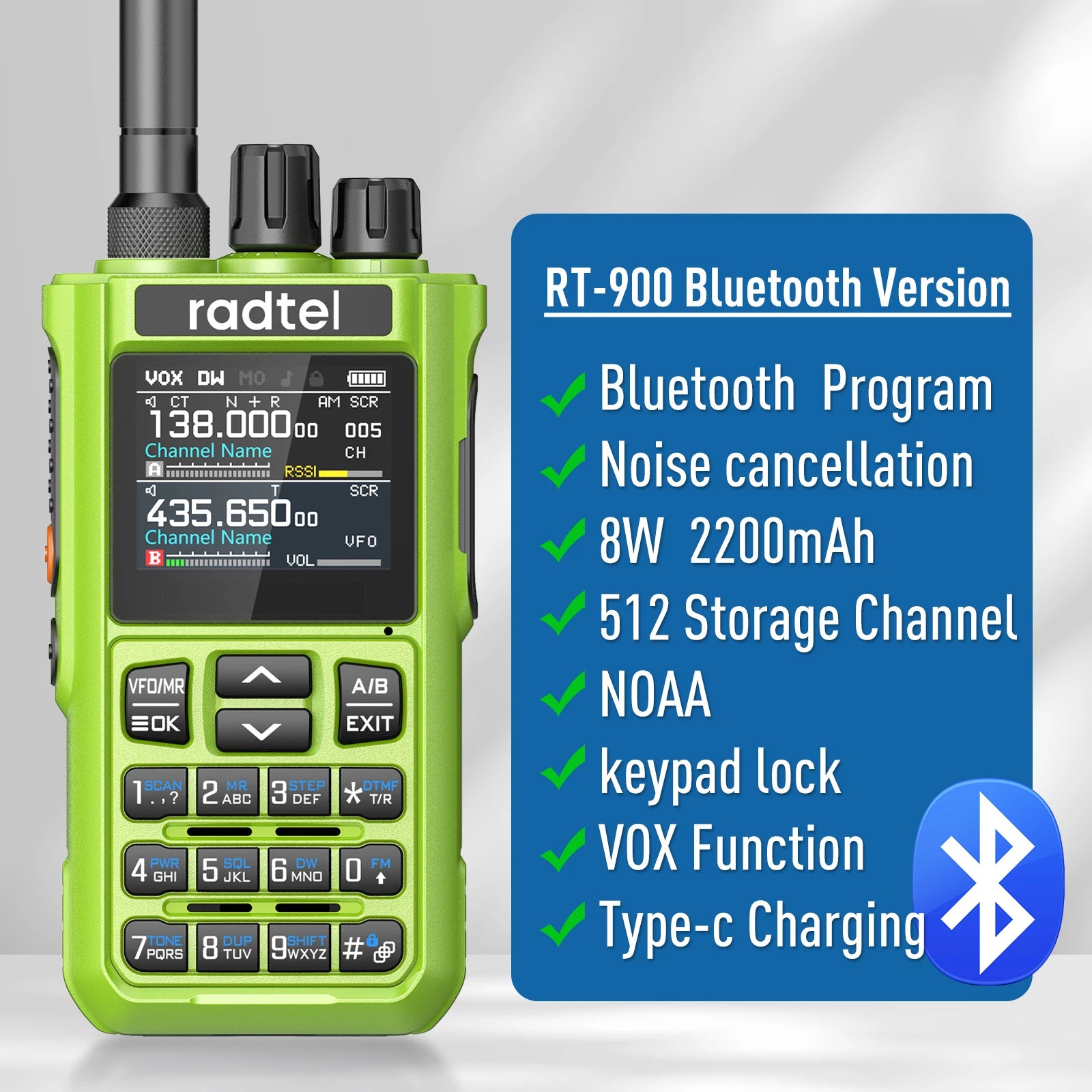 Radtel RT-900 Green  8W Full band Ham Radio Walkie Talkie 512CH Air Band Two Way Radio Station Aviation NOAA  Marine River PTT